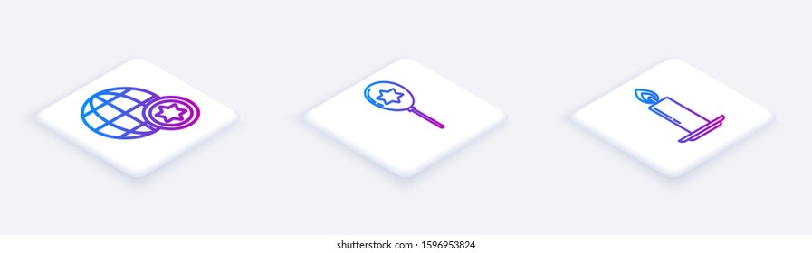 Set Isometric line World Globe and Israel, Balloons with ribbon with star of david and Burning candle in candlestick. White square button. Vector