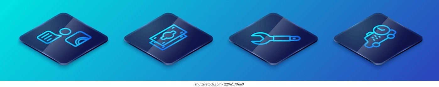 Set Isometric line Wrench spanner, Taxi driver, waiting time and Stacks paper money cash icon. Vector