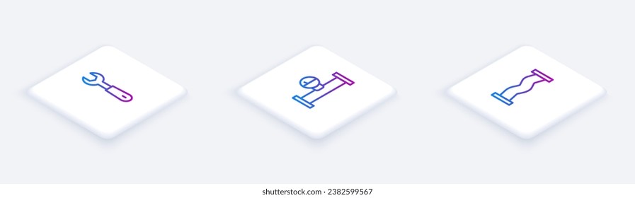 Set Isometric line Wrench spanner, Industry pipe and manometer and metallic. White square button. Vector