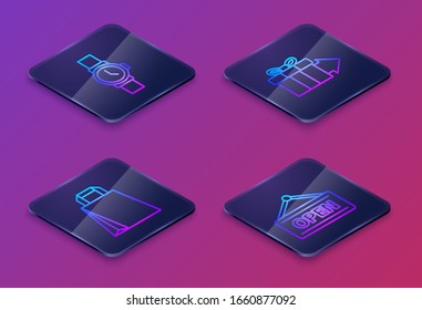 Set Isometric line Wrist watch, Paper shopping bag, Gift box and Hanging sign with Open. Blue square button. Vector