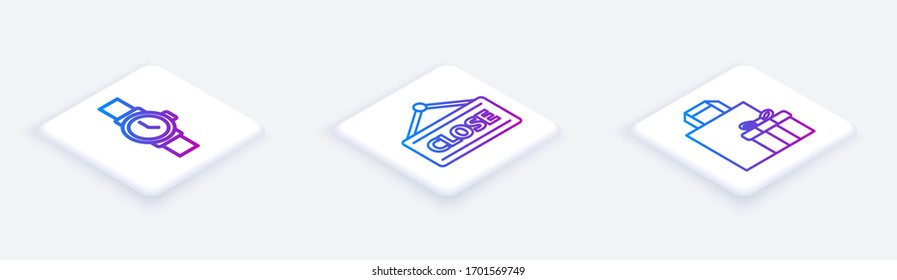 Set Isometrische Linie Armbanduhr, Hängezeichen mit Geschenkbox und Geschenkbox. Weißer Quadrat-Knopf. Vektorillustration