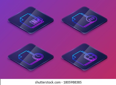 Set Isometric line XLS file document, Document with clock, Document with minus and Document protection concept. Blue square button. Vector