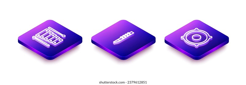 Set Isometric line Xylophone, Flute and Stereo speaker icon. Vector