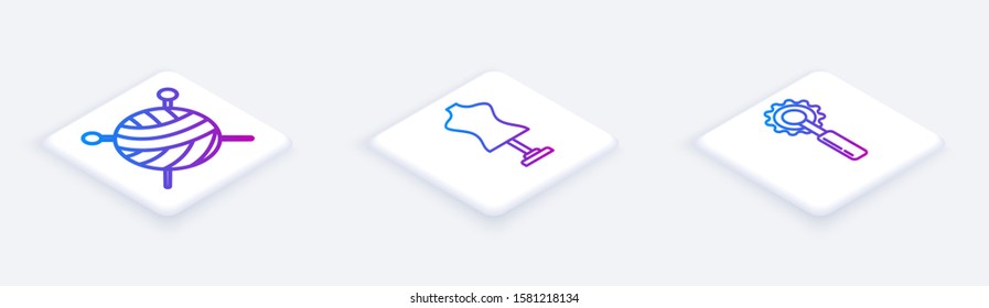 Set Isometric line Yarn ball with knitting needles, Mannequin and Cutter tool. White square button. Vector