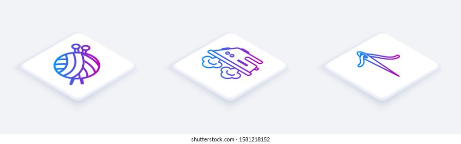 Set Isometric line Yarn ball with knitting needles, Electric iron and Needle for sewing with thread. White square button. Vector