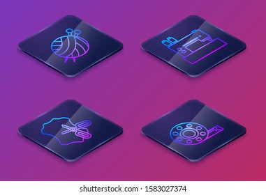 Set Isometric line Yarn ball with knitting needles, Scissors and leather, Sewing machine and Tape measure. Blue square button. Vector