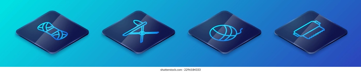 Set Isometric line Yarn ball, Textile fabric roll and Electric iron and ironing board icon. Vector