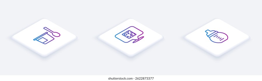 Set Isometric line Yogurt container with spoon, Cheese and Baby milk bottle. White square button. Vector