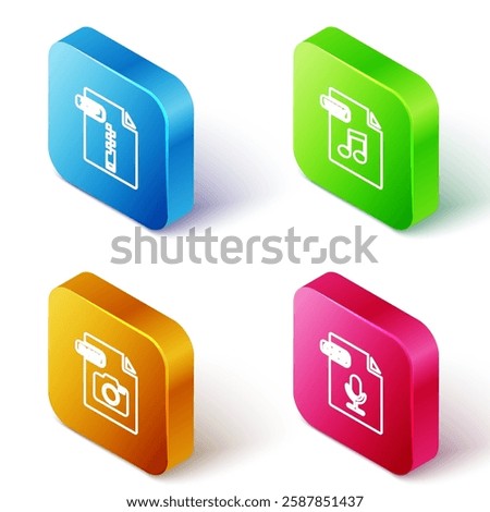 Set Isometric line ZIP file document, WAV, RAW and OGG icon. Vector