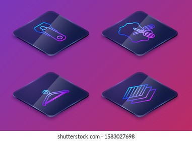 Set Isometric line Zipper, Hanger wardrobe, Scissors and leather and Textile fabric roll. Blue square button. Vector