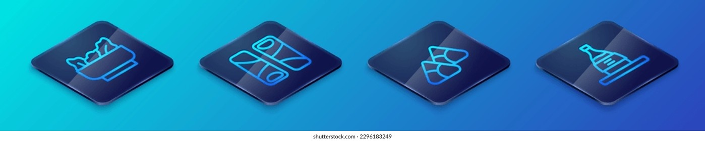 Set Isometric line Zongzi in bamboo steamer, Wonton, Bottle of sake and Guotie icon. Vector