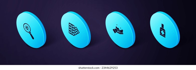 Set Isometric Liquid antibacterial soap, Washing hands with, Pills blister pack and Virus under magnifying glass icon. Vector