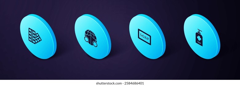 Set Isometric Liquid antibacterial soap, Bar of, Earth with medical mask and Pills in blister pack icon. Vector