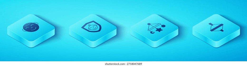 Conjunto cabeza isométrica de niño pequeño, bebé en escudo, juguete giratorio y cuna colgando juguetes icono. Vector