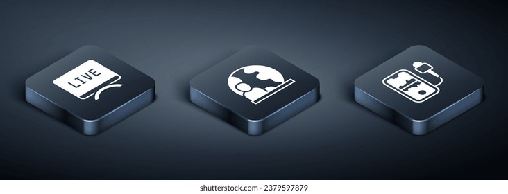Set Isometric Live report, Mobile recording and World news icon. Vector