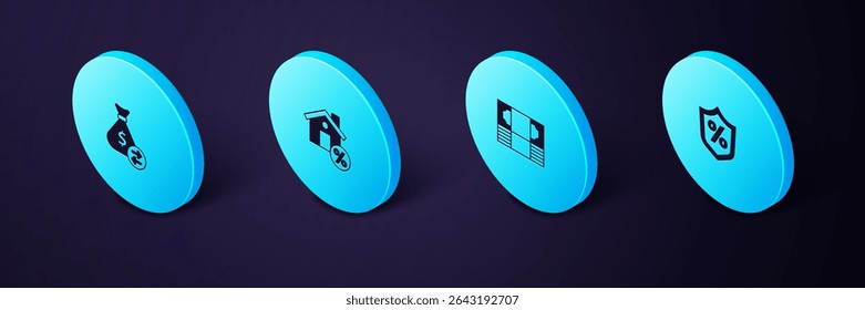 Conjunto de porcentaje de préstamo isométrico, dinero en efectivo de papel de las pilas, casa con descuento pertinente e icono de bolsa de dinero. Vector