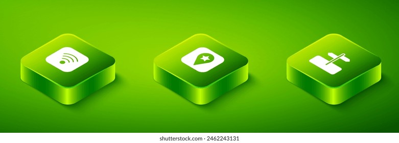 Establece la Locación isométrica para el camping, la señal de tráfico de la carretera y el icono de Internet inalámbrico Wi-Fi. Vector