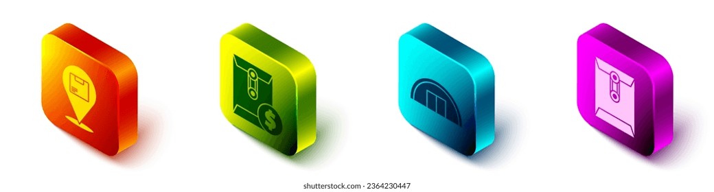 Establezca Ubicación isométrica con la caja de cartón, Sobre con el símbolo de dólar, Almacén e icono Sobre. Vector