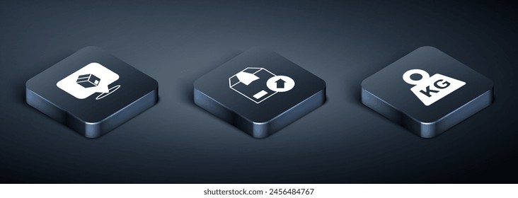 Set Isometric Location with cardboard box, Weight and Carton icon. Vector