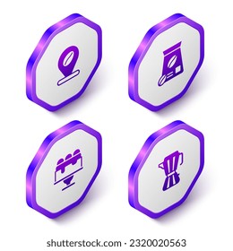 Set Isometric Location with coffee bean, Bag beans, Cake and Coffee maker moca pot icon. Purple hexagon button. Vector
