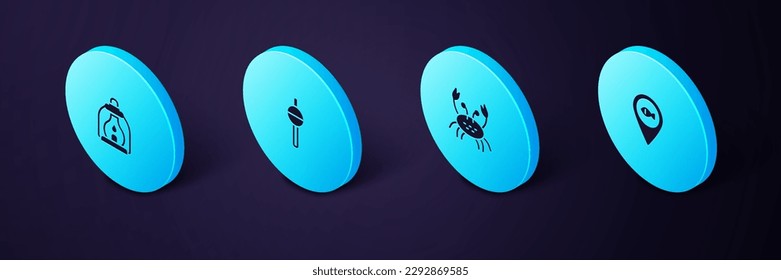 Set Isometric Location fishing, Crab, Fishing float and Camping lantern icon. Vector