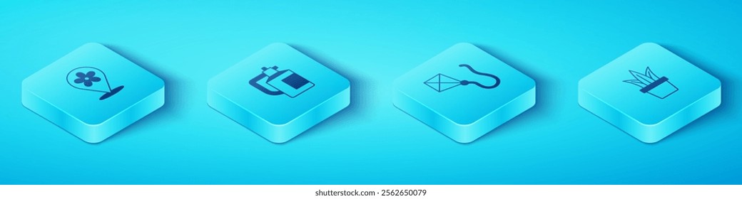 Set Isometric Location with flower, Garden sprayer for fertilizer, Plant in pot and Kite icon. Vector