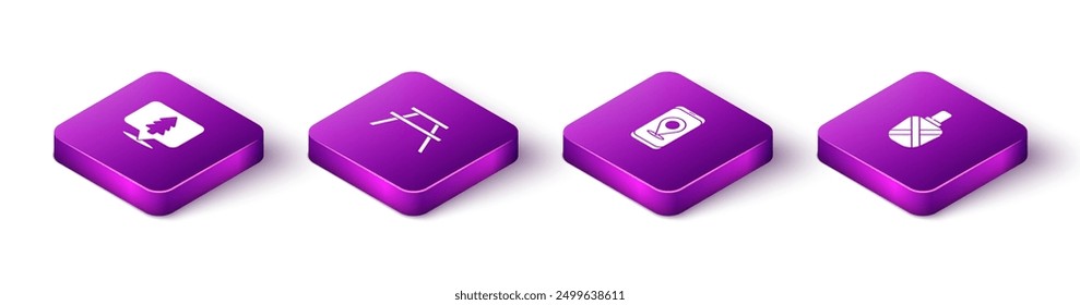 Set Isometric Location of the forest, Picnic table with benches, City map navigation and Canteen water bottle icon. Vector