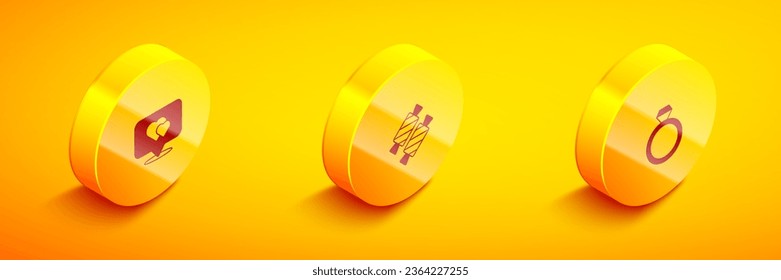 Set Isometric Location with heart, Candy and Wedding rings icon. Vector