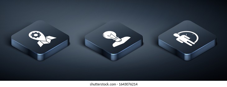 Establecer trabajo de ubicación isométrica, gestión de tiempo y cabeza humana con icono de lámpara. Vector
