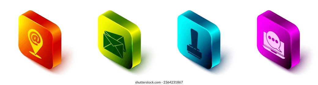 Set Isometric Location and mail and e-mail, Envelope, Stamp and Chat messages notification on laptop icon. Vector