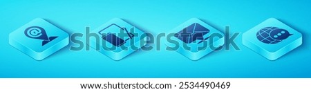 Set Isometric Location and mail and e-mail, Phone and graphic tablet, World map made from speech bubble and Envelope icon. Vector