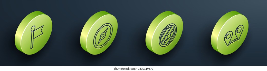 Establezca el marcador de posición isométrica, brújula, mapa doblado con ubicación e icono de ubicación de ruta. Vector