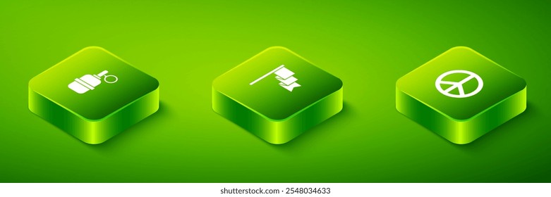 Set Isometric Location marker, Peace and Hand grenade icon. Vector