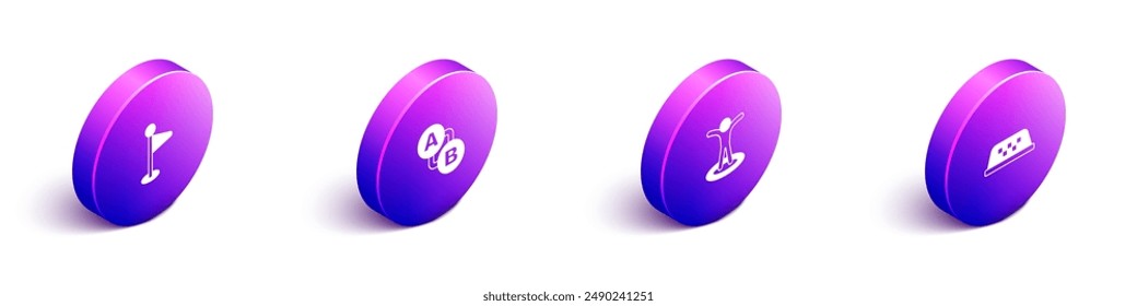 Isometrische Positionsmarkierung, Routenposition, mit Personen- und Taxiwagen-Dachsymbol festlegen. Vektorgrafik