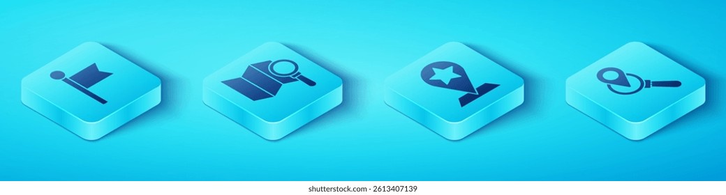 Set Isometric Location marker, Search location, Search location and Map pointer with star icon. Vector