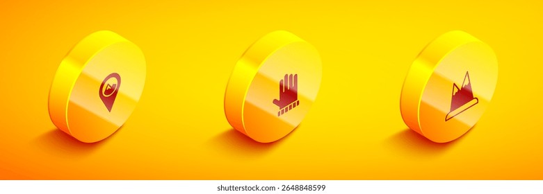 Conjunto de Locación isométrica con montaña, manopla de Navidades y el icono de las montañas. Vector