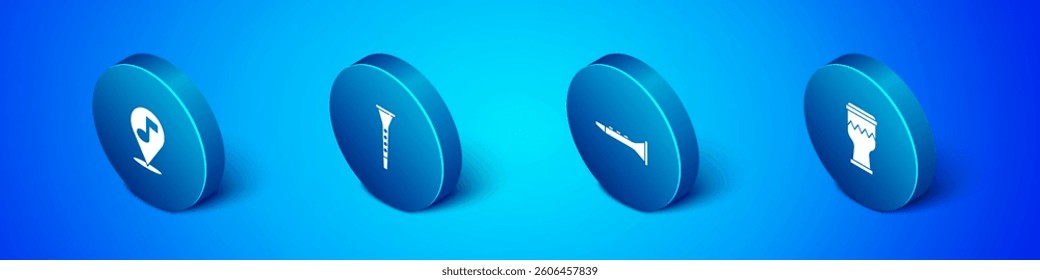 Set Isometric Location musical note, Clarinet, Drum and  icon. Vector