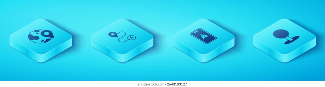 Set Isometric Location on the globe, Route location, Push pin and City map navigation icon. Vector