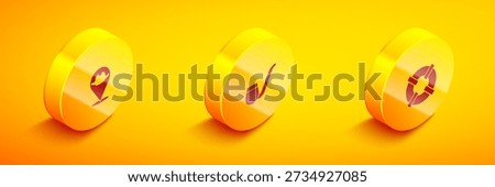 Set Isometric Location pirate, Smoking pipe and Lifebuoy icon. Vector