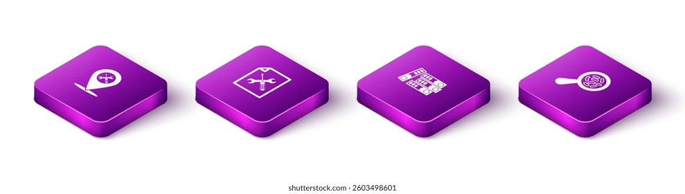Set Isometric Location service, File document, Office folders and Microorganisms under magnifier icon. Vector
