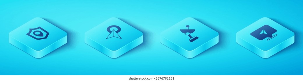 Establecer escudo de Locación isométrica, infografía de la navegación del mapa de la ciudad e ícono de radar. Vector