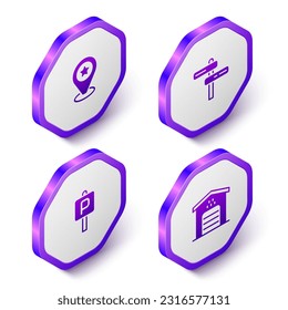 Set Isometric Location with star, Road traffic sign, Parking and Garage for taxi car icon. Purple hexagon button. Vector