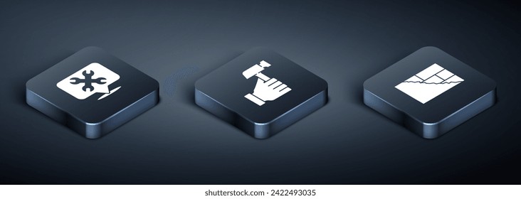 Set Isometric Location with wrench, Bricks and Hammer icon. Vector