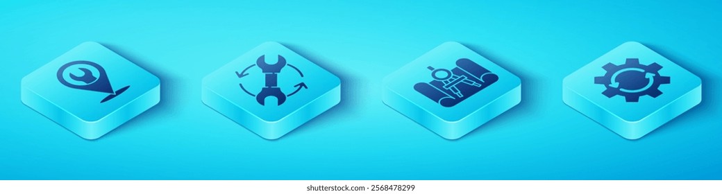 Set Isometric Location with wrench spanner, Wrench and arrows as workflow, Gear and arrows as workflow and Graphing paper and compass icon. Vector