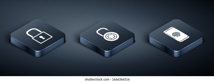 Ajuste la cerradura isométrica , Smartphone con escáner de huellas digitales e icono de la cerradura combinada de seguridad. Vector