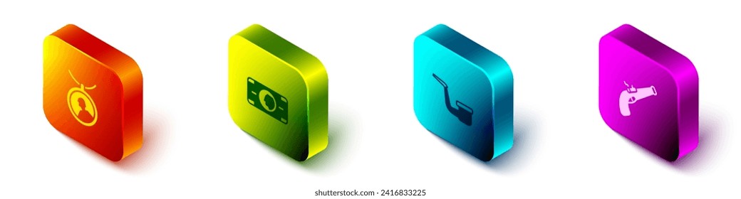 Set Isometric Locket on necklace, Stacks paper money cash, Smoking pipe and Vintage pistol icon. Vector