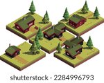 Set of isometric log cabins in the woods