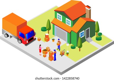 Set of isometric logistics delivery icons with people and images of transportation vehicles and stock parcels vector illustration . Scene on the street with unloading things