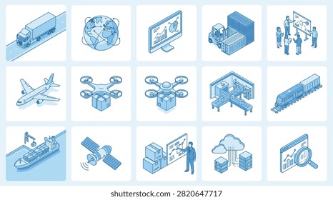 Set of isometric logistics and global transportation icons for business design