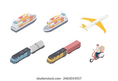 Eine Reihe von Icons für die isometrische Logistik. Frachttanker, Flugzeug, Güterzug, Kurier. Methoden der Lieferung Symbole. 